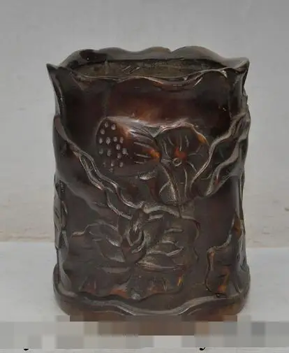 

S02016 6" marked old chinese fengshui bronze lotus flower statue Brush Pot pencil vase B0403