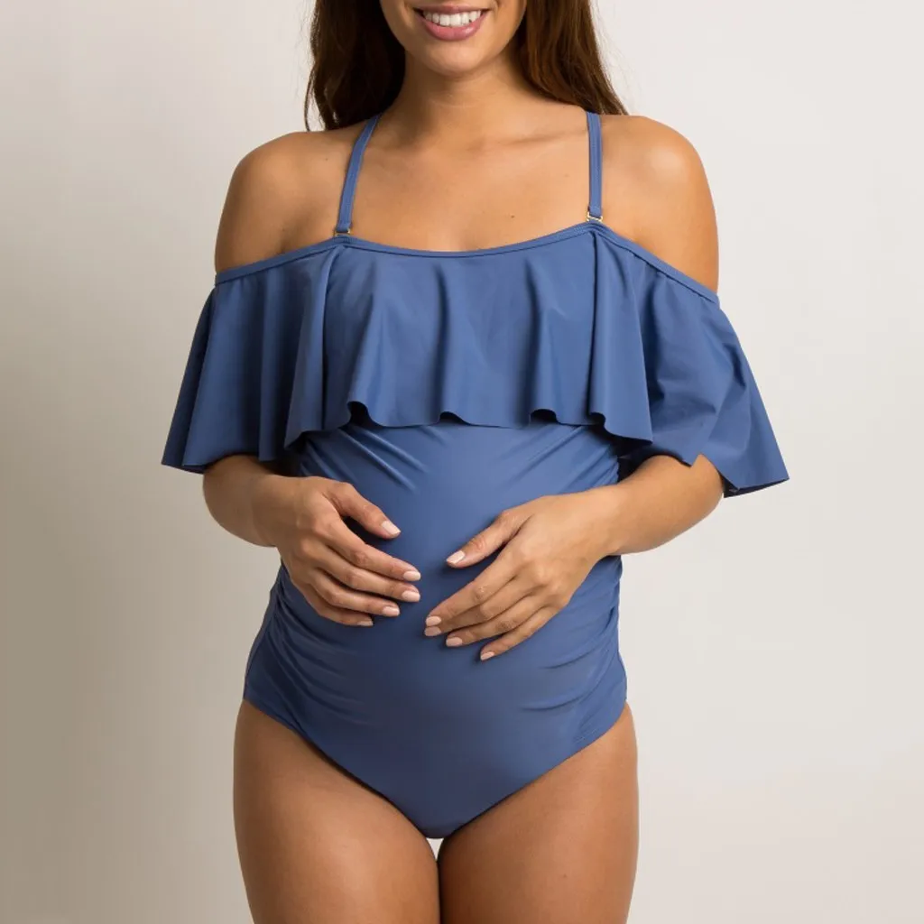 

Fashion Maternity Tankinis Women Solid Flounce Bikinis One Piece Halter Pregnant Costumi Da Bagno Donna Swimwear Maternity