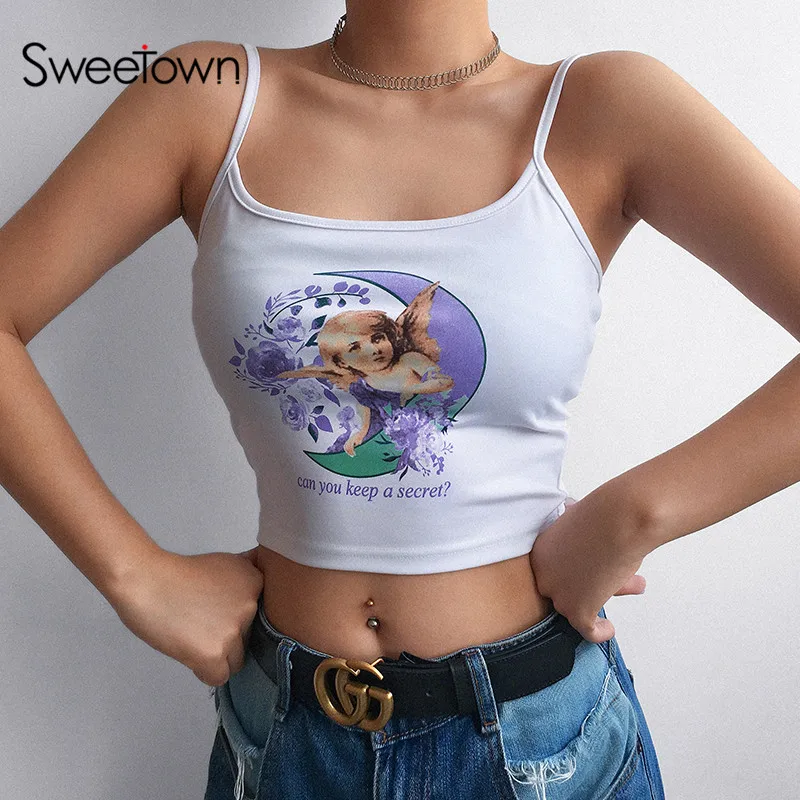 

Sweetown White Cute Harajuku Summer Bralette Crop Top 2019 Women Kawaii Angel Print Spaghetti Strap Cami Top Fitness Clothing