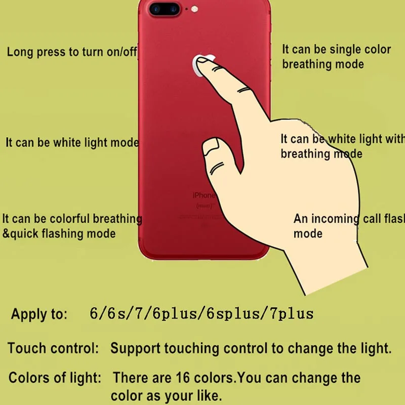 PHONEFIX сенсорный светящийся красочный светильник с логотипом, гибкий кабель, задний светодиодный светильник с логотипом, сменная часть для iPhone 6 6s 6P 6s P 7 7P