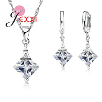 

New Tower Design Cubic Clear Crystal Necklace Earrings Set Women Wedding Party Stylish Silver Jewelry Free Shipping