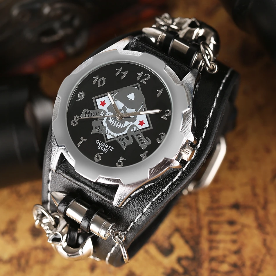 YISUYA Quartz Watch Men Skull Bullet Bracelet Wristwatch Gothic Style Cool Punk Chain Watches Leather Strap Men Dress Xmas Gift (2)