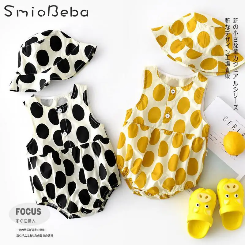 

Girls Infants Black Dot Rompers with Free Hats 2PCS Sets Clothes Newborn 0-24 Months Baby Girl Romper Summer Kids Black Clothes