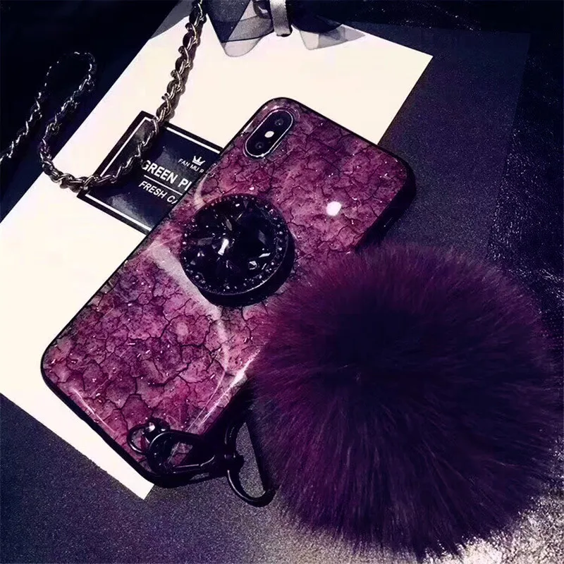 

Gold Foil Marble Phone Case For iphone X XS Max Luxury Rhinestone Stands Soft Cases For iphone 6 6s 7 8 Plus XR Pom Pom Lanyard