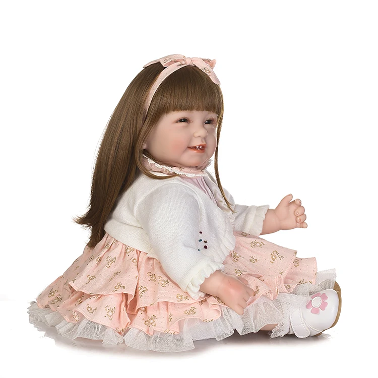 NPK 55CM 100% real Silicone Reborn Baby Doll brown long hair Soft Vinyl cute Dolls Lifelike Babies Boneca Bebe Reborn Menina