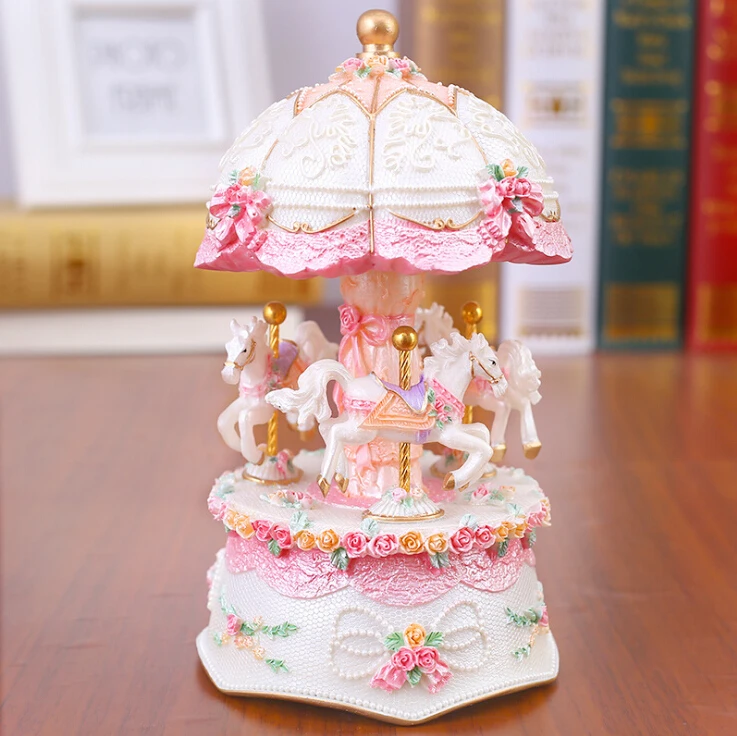 Flashing LED Light Resin Carousel Music Box Kids Ornament Crafts Gifts Home Desk Accessories Decoration music box,carousel music box
