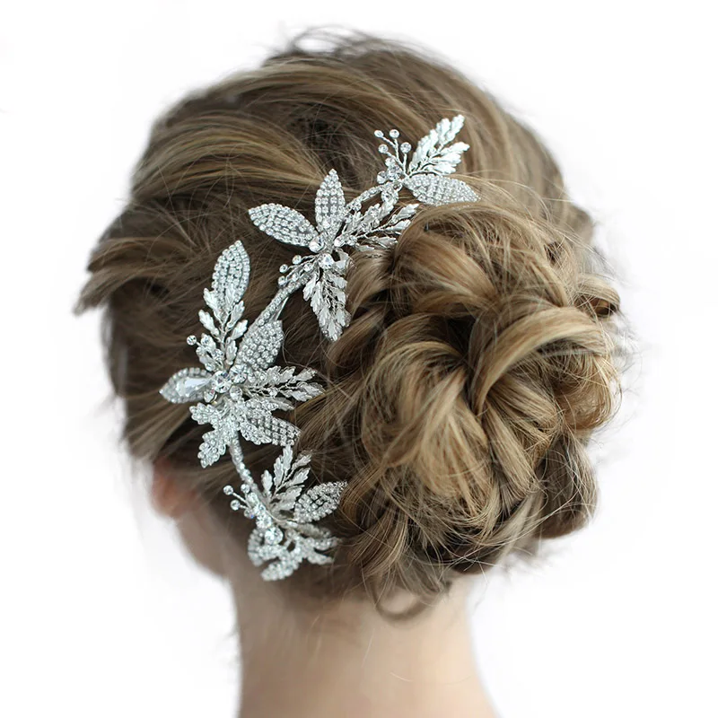 SLBRIDAL Handmade Silver Austrian Crystal Rhinestone Wedding Hair Clip Barrettes Bridal Headpiece Hair accessories Women Jewelry