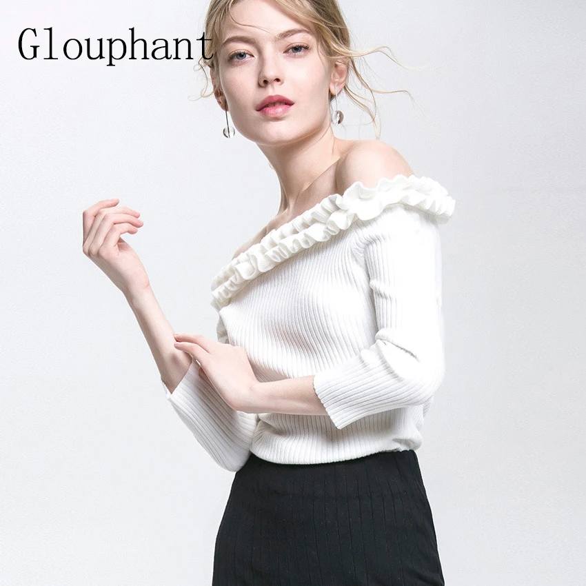 Glouphant Autumn Sexy Slash Neck Top Strapless Sweater Women Blouse Ruched Irregular Off Shoulder Women's Pullover Tops | Женская