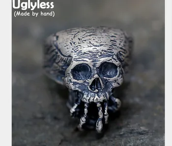 

Uglyless Real 925 Sterling Silver Exaggerated Men Skull Rings Gothic Skeleton Finger Ring Novel Steam Punk Handmade Jewelry Cool