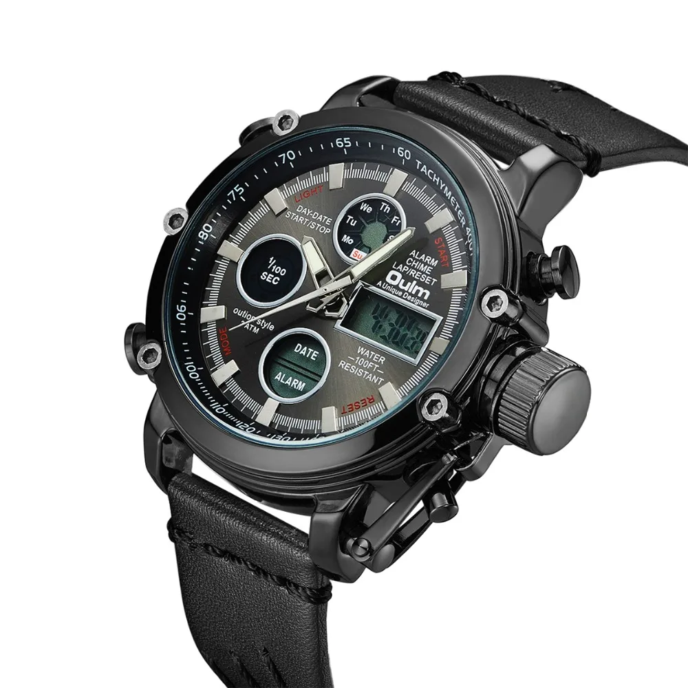 

Oulm Brand Luxury Top Watches Men Dual Display Analog Digital Watch Male Genuine Leather Calendar Alarm Quartz Wrist Watch Man