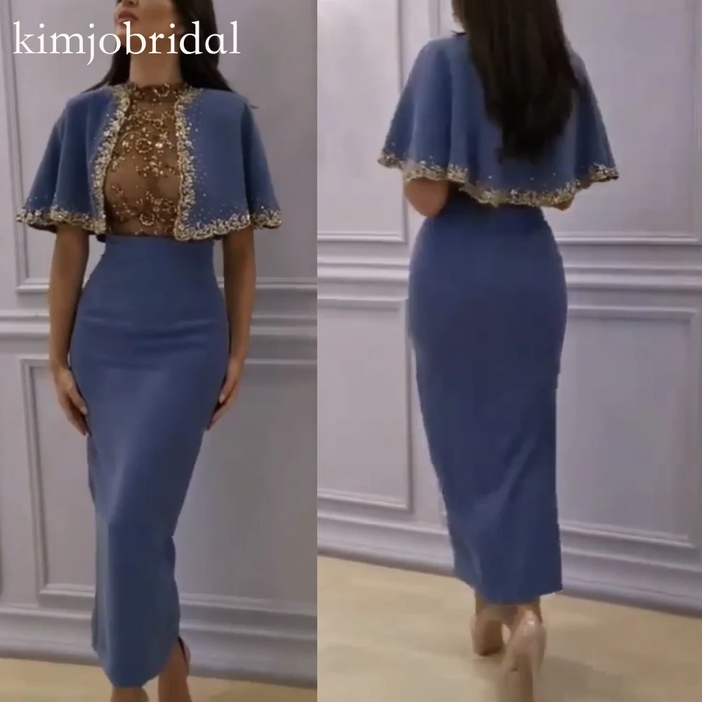 

blue prom dresses 2019 crew neckline lace appliques beaded sequins sheath ankle length arabic evening dresses fashion