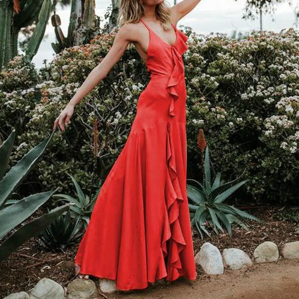dresses woman party night long party maxi dress summer elegant Solid V-Neck Ruffle Sleeveless Split Backless Long Dress femme#G6