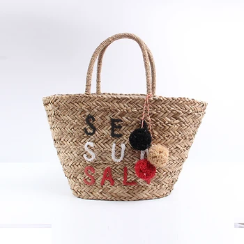 

New Leisure Water Grass Straw Bag with Letter Color Pompom Natural Color Bucket Bag