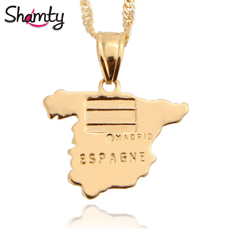 

Shamty Unisex Spain Map Flag Pendants Necklace Map Pure Gold Color Chain Jewelry Spanish Gift Items
