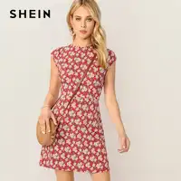 SHEIN Stehen Kragen Zip Zurück Ditsy Floral Fit Und Flare Kurz Dünnes Kleid Frauen Elegante Sommer Kurzarm Kleider