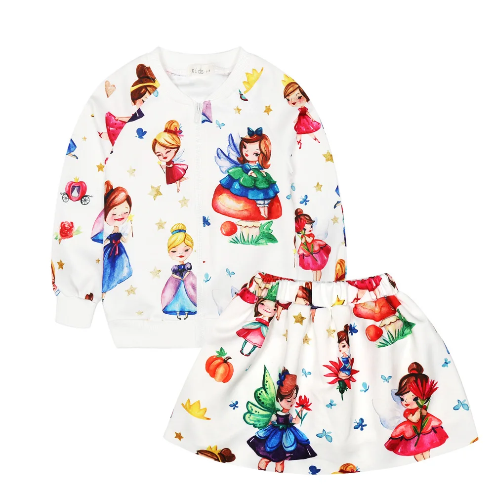 

fashion spring Children's casual set jacket and skrit girl cartoon fairy girl pattern Suits cotton clothes 2 pcs