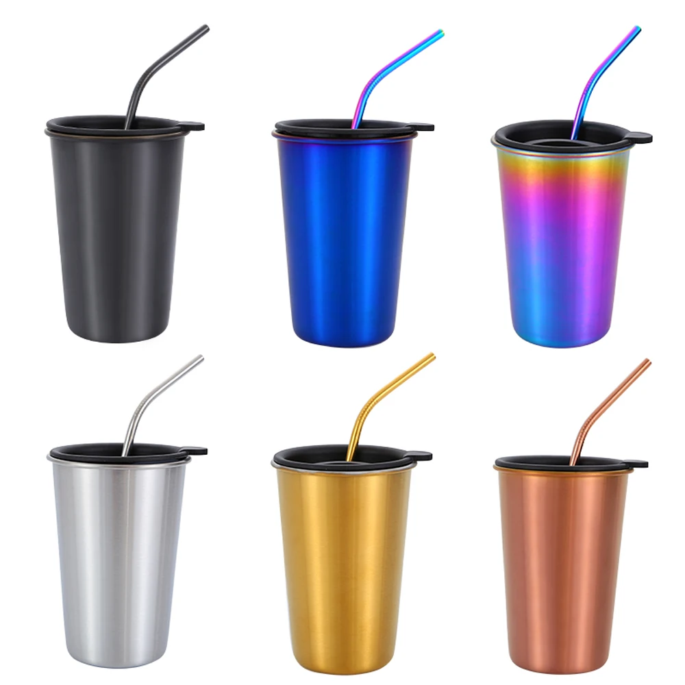 500ML Stainless Steel Coffee Mugs Metal Straw Reusable Tumbler Outdoor