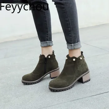

Women Boots Autumn Winter High Heel Warm Round Toe Zip Platform Pearl Flock Ankle 2018 New Sexy Fashion Casual Green Size 34-43