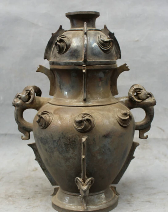 

S3482 12" Marked Chinese Dynasty Superb Pure Bronze Copper Sheep Head Statue Jar Pot D0318