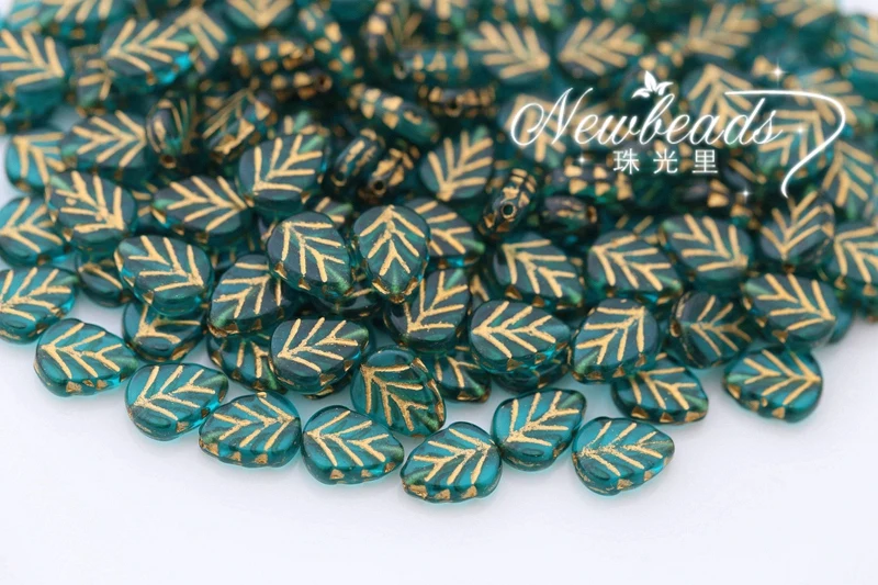

Leaves 8x10mm,Vertical hole Czech Glass Beads Wholesale,Color 6021GL Teal Gold Inlay, Qty. 80 pieces/lot