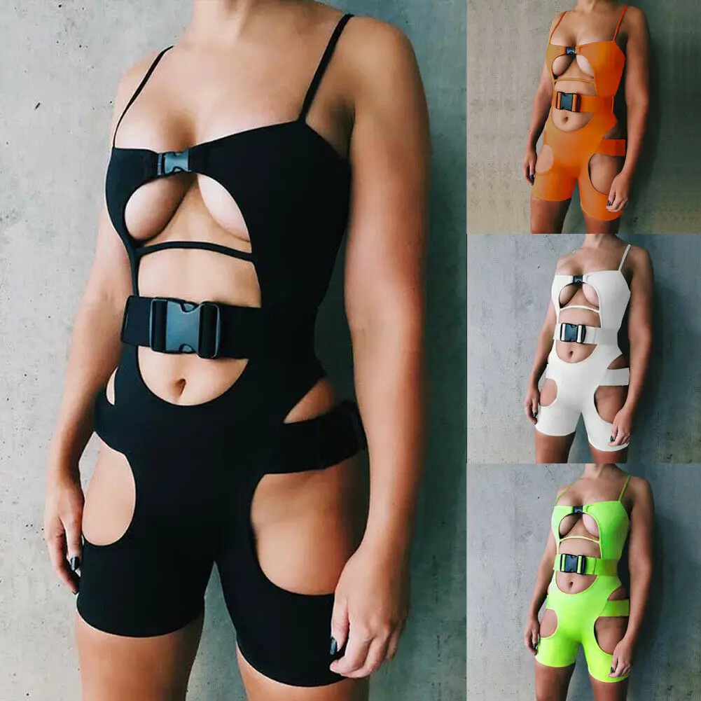 Hip Punk Hole Hollow Women Sexy Front Buckle Strappy Short Romper Jumpsuit Leotard Sleeveless Stretch Bodysuit Hip Punk Hole Hollow Women Sexy Front Buckle Strappy Short Romper Jumpsuit Leotard Sleeveless Stretch Bodysuit