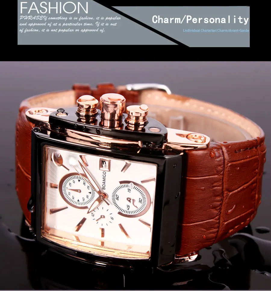 BOAMIGO Coffee Leather Strap Mens Watches Fashion Casual Waterproof Quartz Watch Analog Rectangle Male Clock Relogio Masculino (25)