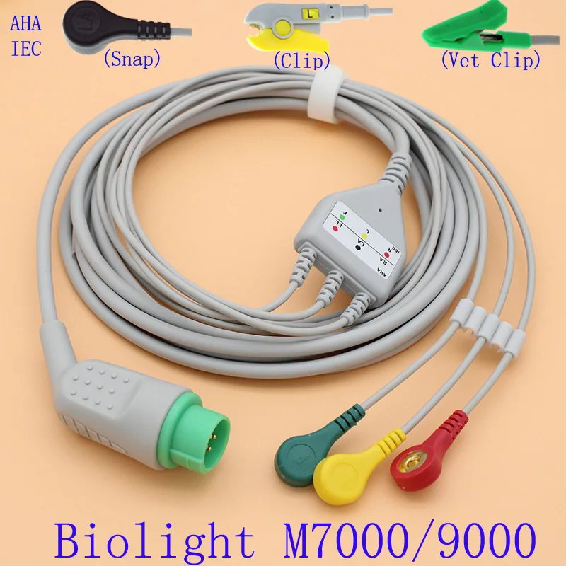 

12P ECG EKG 3 leads cable and electrode leadwire for Biolight M7000-9000 monitor,AHA OR IEC Snap/Clip/Vet clip ECG accessories