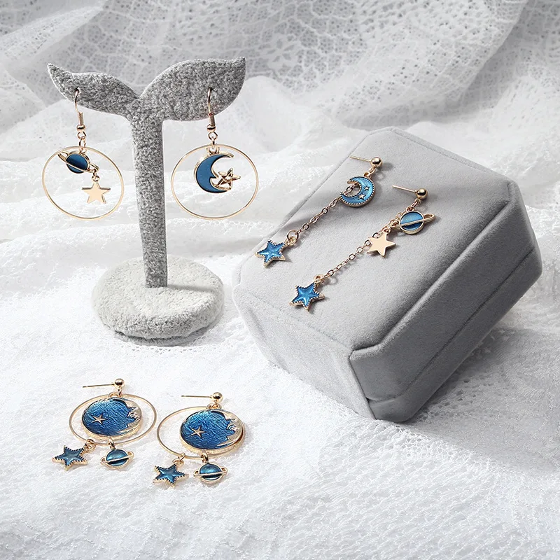 Long Earrings Golden Earrings New Fashion Blue Space Universe Moon Star Asymmetry For Women
