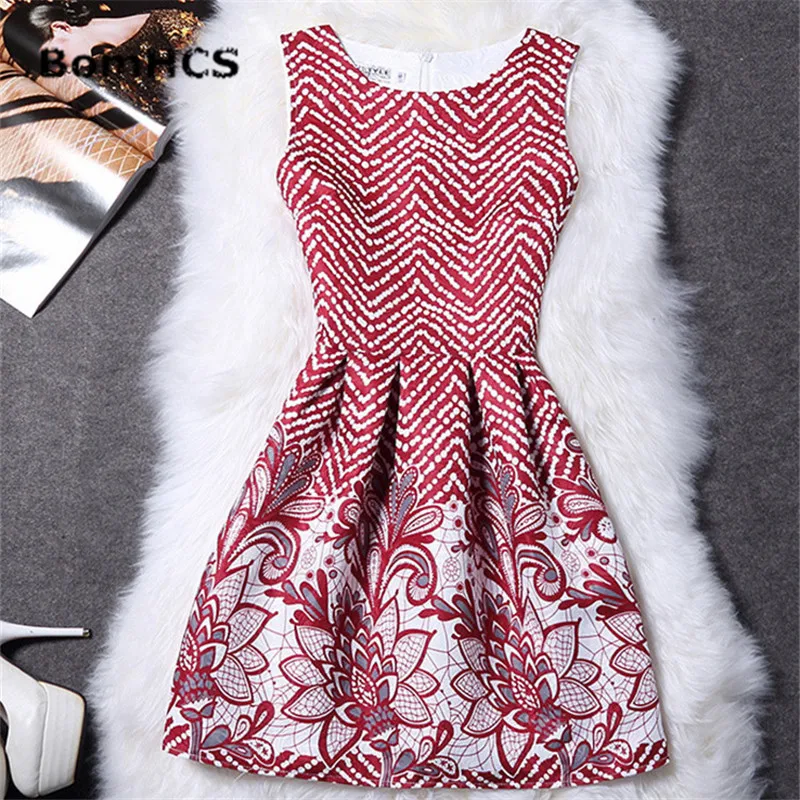 

BomHCS Ladies Retro Stripe Printing Waist Slim Dress Tutu Party Evening Sleeveless Dresses 2016050629