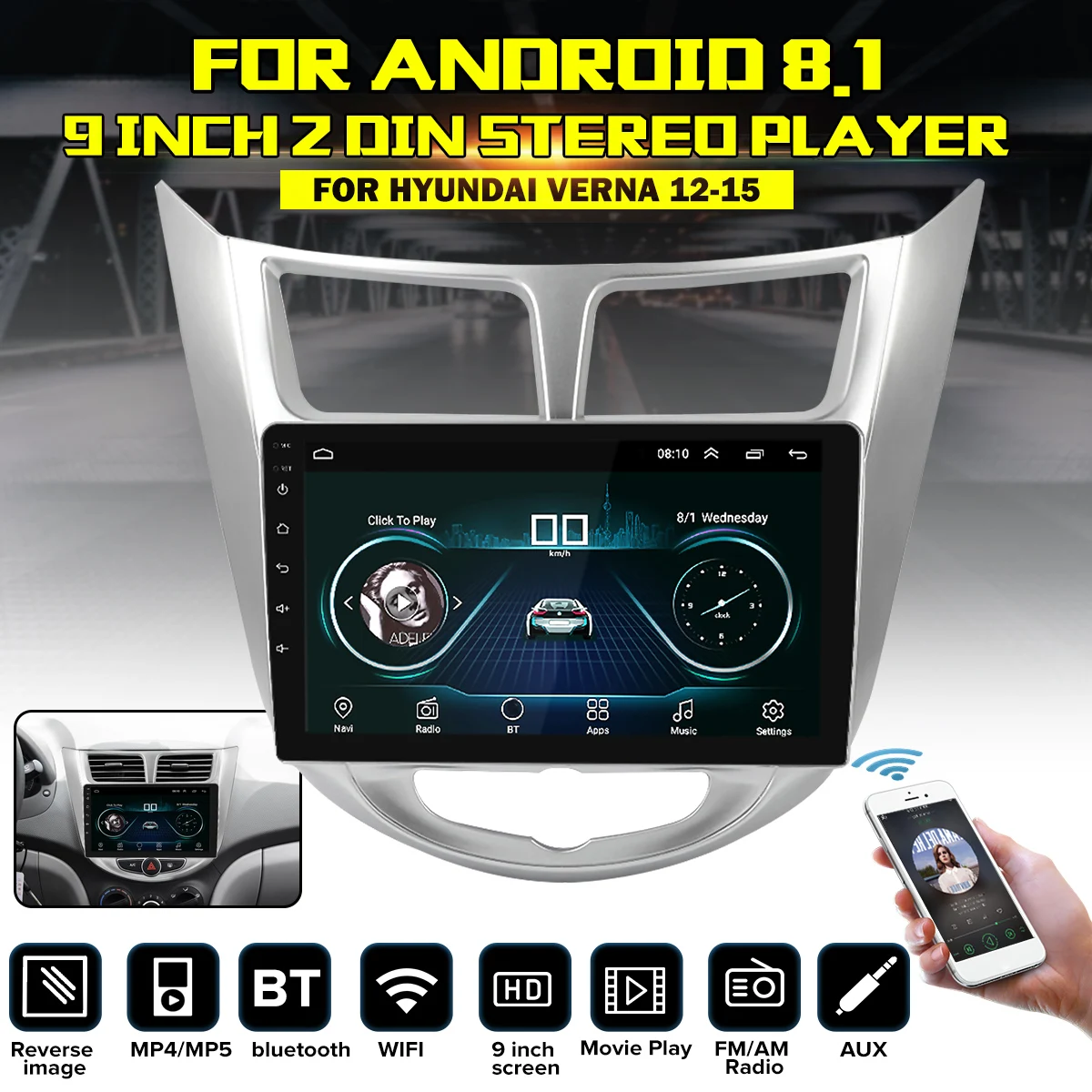 

9" for Android 8.0 GPS Navigation Autoradio Multimedia DVD Player bluetooth WIFI MirrorLink 2 Din Car Radio For Hyundai Accent