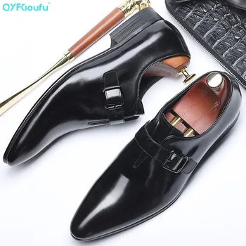 

QYFCIOUFU 2019 Pointed Toe Buckle Strap Flats Wedding Dress Men Formal Shoes Genuine Leather Oxford Luxury Men's Wedding Shoes
