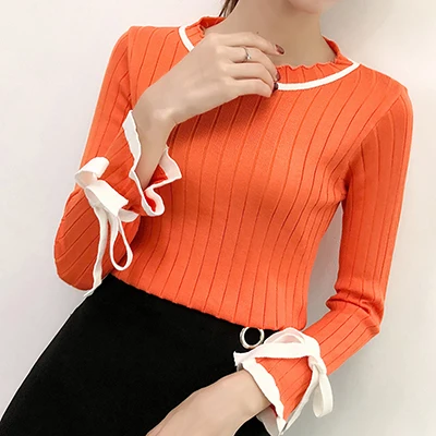Shintimes свитер с бантом Для женщин с расклешенными рукавами Для женщин s Зимняя мода с гофрированным воротником на каждый день женские свитеры и пуловеры в Корейском стиле на осень и зиму Sueter Mujer - Цвет: Orange