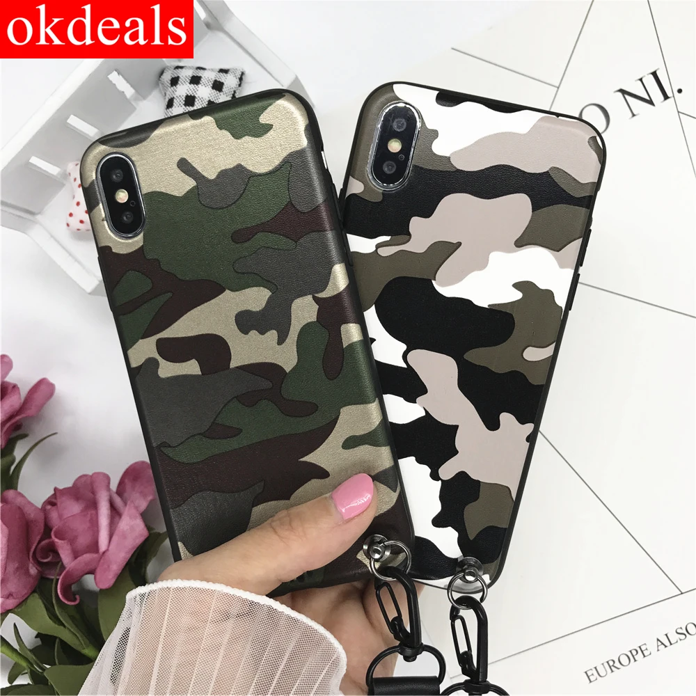 

Fashion Camo Lanyard for Iphone 5 5s Se 6 6sPlus Back Cover Soldier Symbol Camo Texture Soft PU Case for Iphone X 7 8 Plus Cover