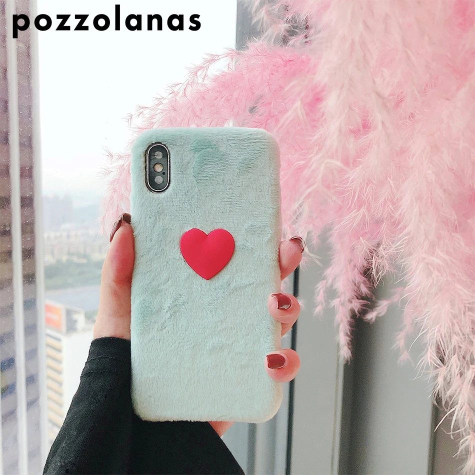 

Pozzolanas phone case for iPhone 7 8 X Plus XR XS MAX simple solid color candy green cute cotton plush comfortable love winter