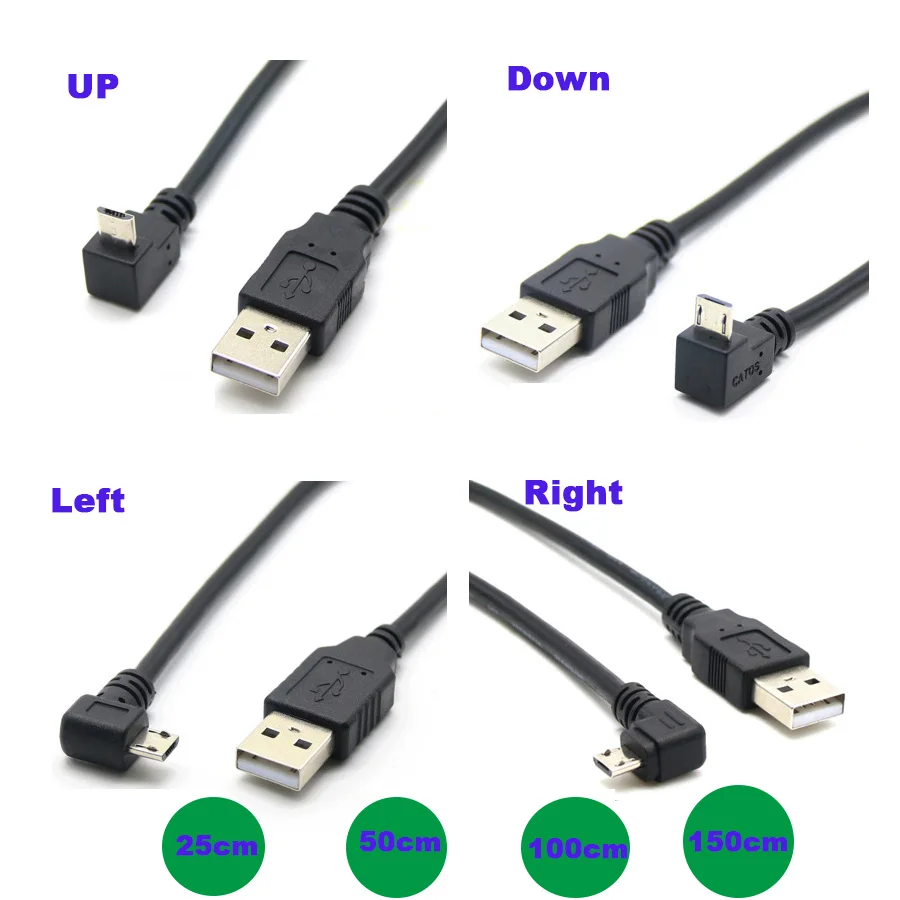 

Up Down Left Right 90 Degree Angled USB Micro USB Male to USB male Data Charge connector Cable 25cm 50cm 100cm 5ft for Tablet