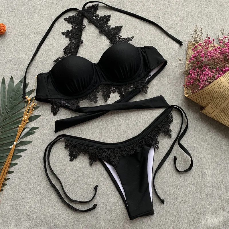 Женский черный кружевной купальник Simplee, привлекательный женский купальник для купания, набор бикини с высоким вырезом, купальный костюм для плавания летом