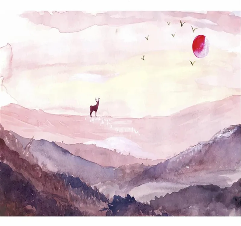 Custom wallpaper hand-painted mountain peak elk chasing the sunset sunset TV background wall decoration waterproof material Custom wallpaper hand-painted mountain peak elk chasing the sunset sunset TV background wall decoration waterproof material
