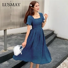 Новое поступление голубое большое свободное платье летнее платье с квадратным воротником и коротким рукавом модное женское длинное платье