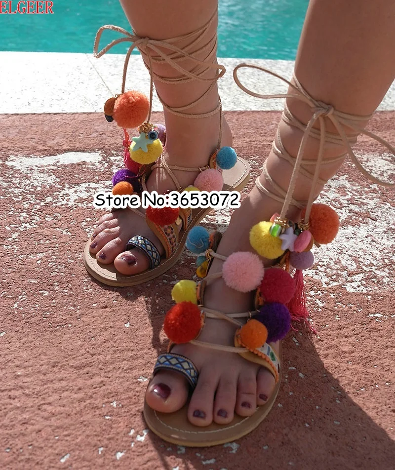 

Hot Sale Colorful ball & Fringe Pompom Style Thong Flip Flops Lace Up Tassels Gladiator Sandals Woman Summer Beach Casual Shoes