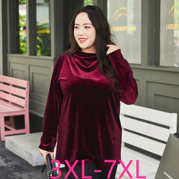 

2019 autumn winter plus size women loose pleuche long sleeve top T shirt black wine red womens large size tops 4XL 5XL 6XL 7XL