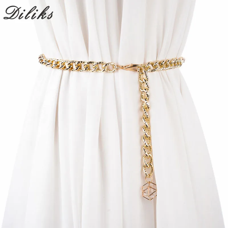 

Diliks Women Punk Full Metal Chian Style Skinny Waist Belt Metallic Gold Plate 1.2cm Wide Chains Lady Ceinture Sashes For Dress