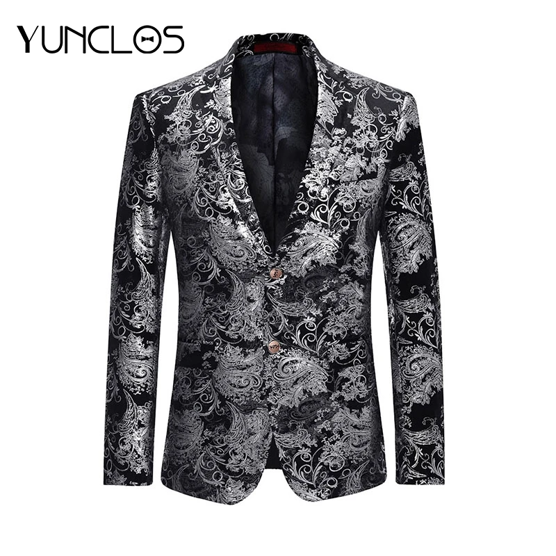 

YUNCLOS 2019 Fashion Men Suit Jacket Spring Two Buttons Jacquard Sliver Blazer Casual Style Slim Fit Plus Size 4XL