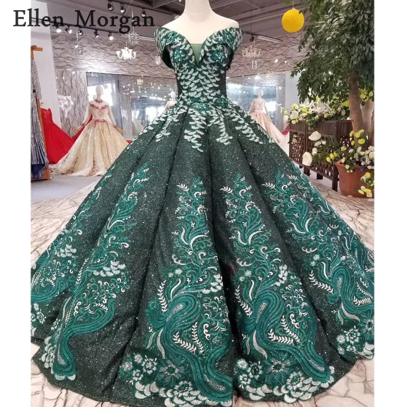

Dark Green Glitter Ball Gowns Wedding Dresses 2019 Vestido De Noiva Off SHoulder Floor Length Lace Real Photos Bridal Gowns