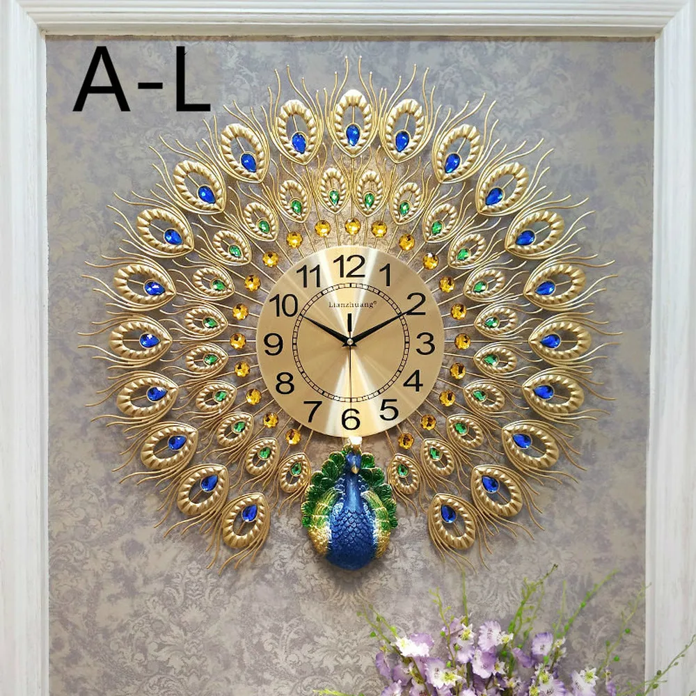 

Peacock wall clock living room modern fashion watch decoration creative pendant, European silent clock big stone clock LU620451
