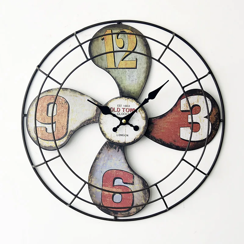 

40*40CM Europe Style Creative 3D Iron Fan Model Wall Clock Vintage Round Large Decorative Quartz Clocks Home Decoration