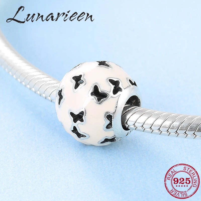 

New 925 Sterling Silver Pink Round Fashion Cutout Butterfly DIY Enamel Beads Fit Original Pandora Charms Bracelet Jewelry Making