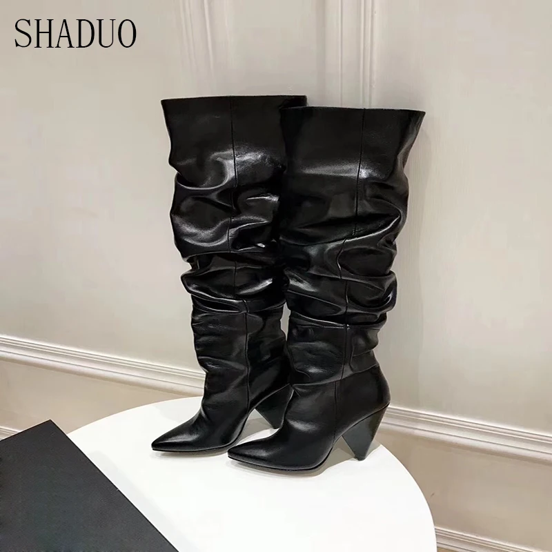 2018 shaduo женщин наивысшего качества черный масло воск кожа высокий каблук высокие