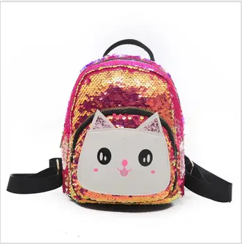

New Fashion High Quality Mochilas Children Girls Cat Bag Faux Leather + Sequins School Bookbag Travel Backpack Rucksack Zipper