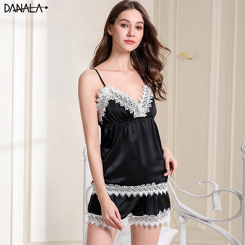 DANALA Silk Satin Women Pijamas Sets Summer Sexy Lace V-Neck Sleeveless Sleepwear Sets With Shorts Female Home Suits