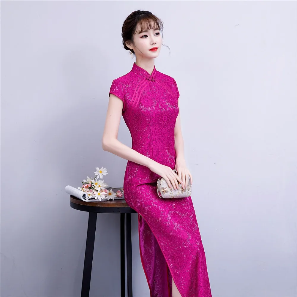 Шанхай история высокое качество короткий рукав длинный Чонсам кружева Qipao высокое Сплит китайское платье восточное платье 3 цвета